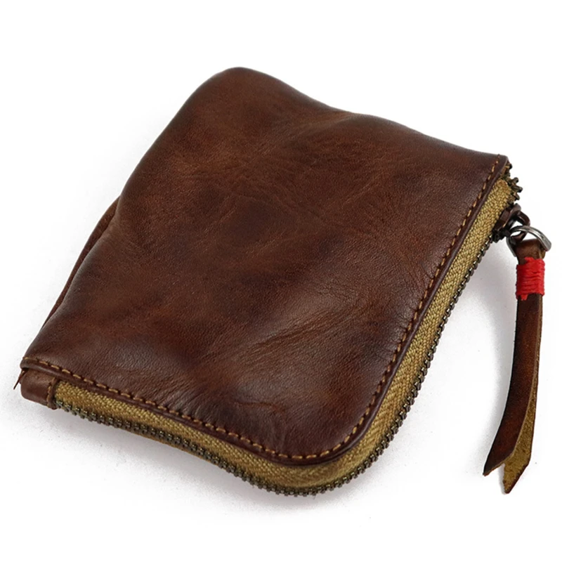

Leather Coin Purse For Women Men Vintage Handmade Wallet Mini Card Holder Bag Zipper Purses Solid Mini Wallet