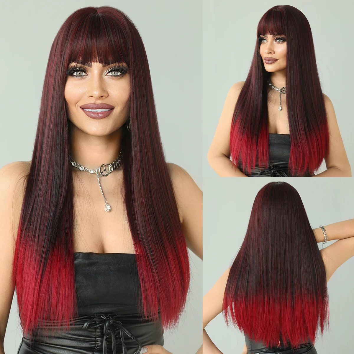 NAMM Halloween Cosplay Wig with Bang Synthetic Wigs for Women Heat Resistant Natural Hair Long Straight Ombre Wine Red Wigs