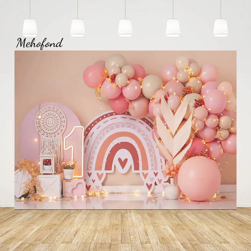 

Фон для фотосъемки Mehofond в стиле бохо с радужными розовыми воздушными шарами украшения для милой девушки фон на 1-й день рождения торт разбив...