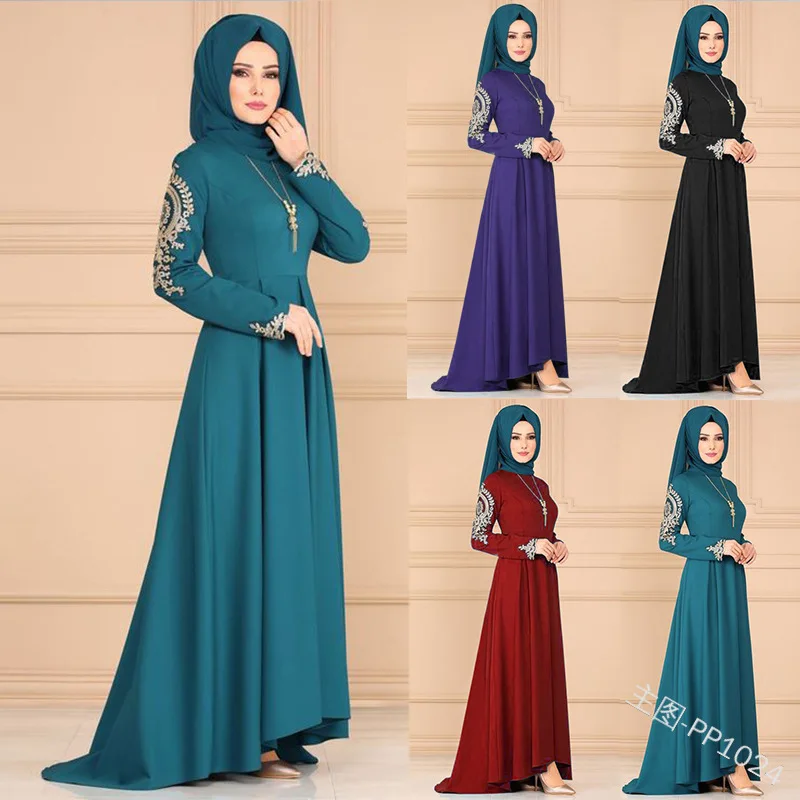 

Женское мусульманское платье, классические элегантные костюмы с круглым вырезом и цветочным принтом, Необычные платья до пола с длинным ру...