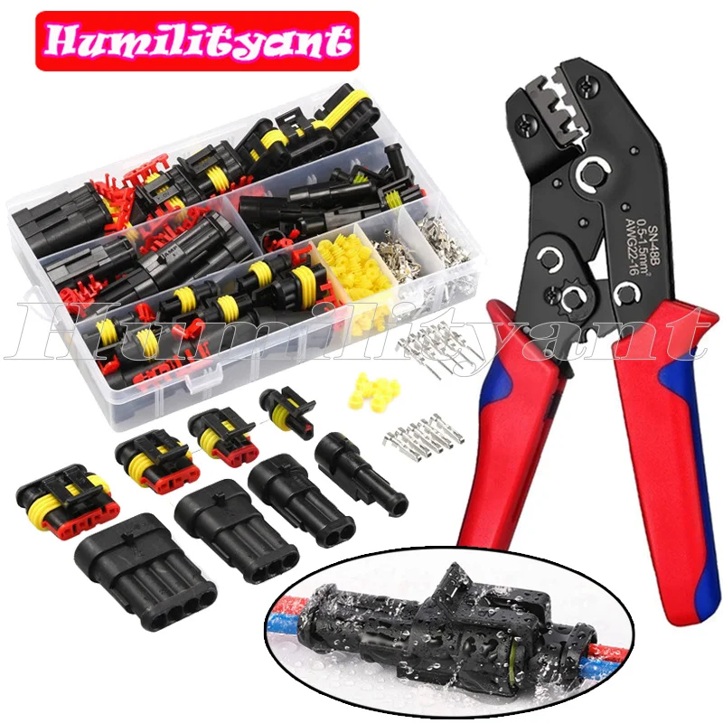 

352PCS Car Auto Plug Connector Sealed Waterproof Terminal Connector Plug with1PC Self-Adjusting Ratcheting Crimper Set