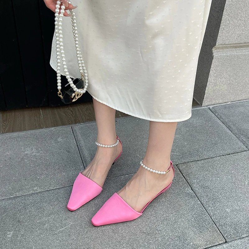 New Summer Women Pearl Ankle Strap High Heel  Shoes  Female Footwear Single shoes Women Pointed Toe Wedding Party Shoes 6A