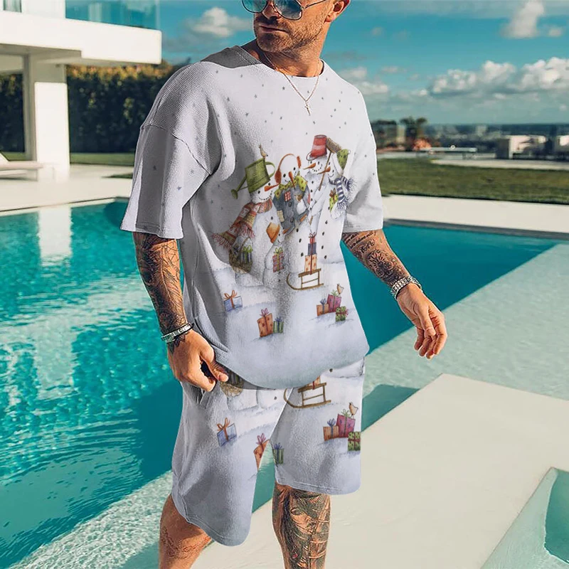 Summer men's casual street beach shorts set 3D printing colorful Christmas bear round neck street home short sleeve two-piece se