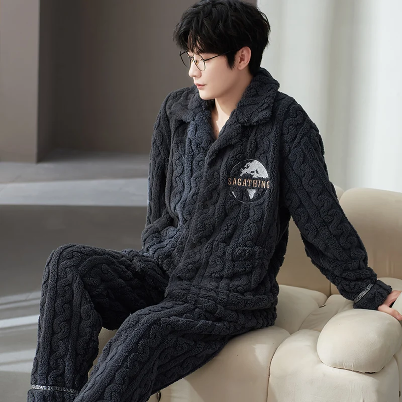 QUHENG Newest Flannel Men's Winter Thicken Warm Pajamas Sets Male Long Sleeve Trousers Autumn Nightgown Sleepwear Home Clothing