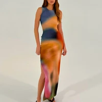 foreign trade womens new fashion 2022 summer independent station tie dye print slit temperament dress female