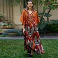 new muslims women dress abaya dubai european clothing printing v neck spring and summer long skirt embroidery fashion ladies