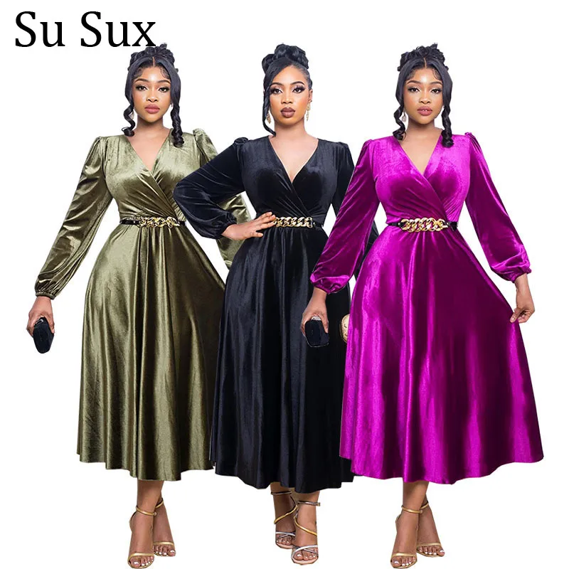 African Dresses For Women Elegant 2023 Spring Solid A Line Dress African Clothes Deep V Neck Long Sleeve Maxi Dress Vestidos