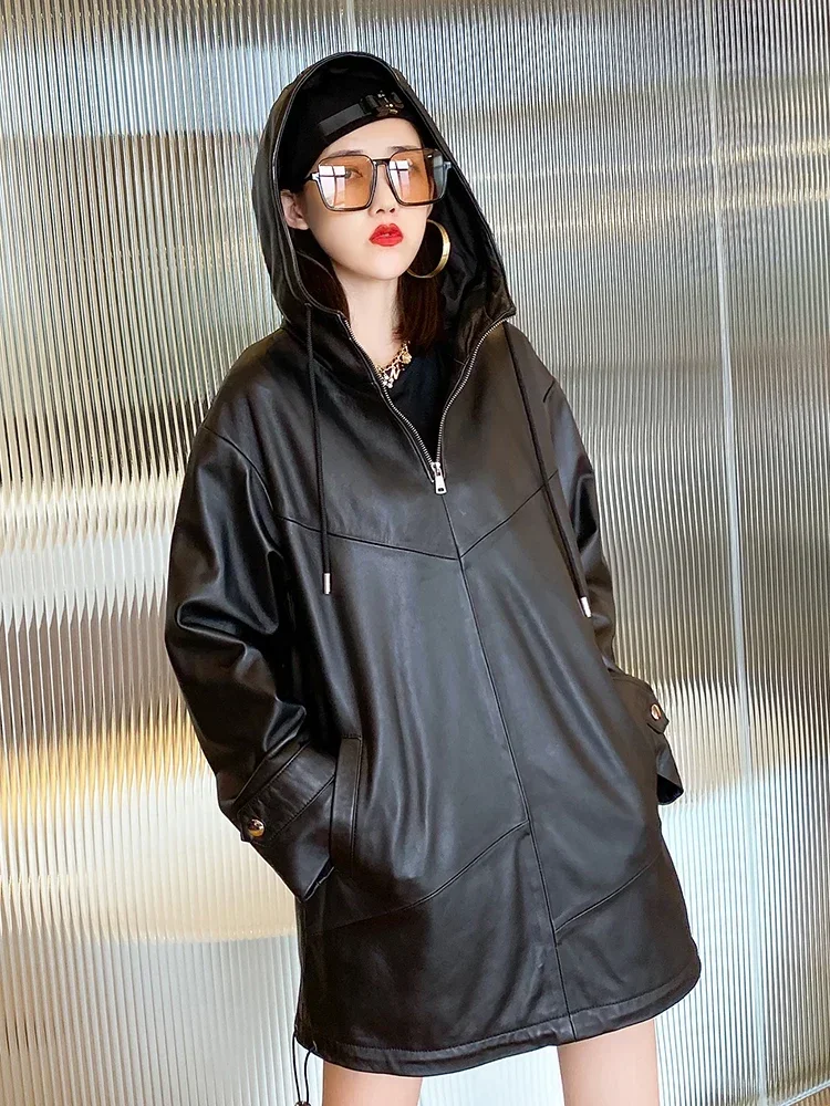 Куртка женская из натуральной овечьей кожи Повседневная Черная байкерская