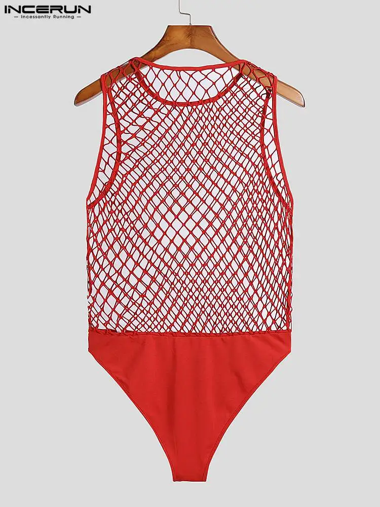 INCERUN Stylish Loungewear Sexy New Men Solid Mesh Rompers Casual Male Hollow Jumpsuits Thin Triangle Sleeveless Bodysuits S-5XL