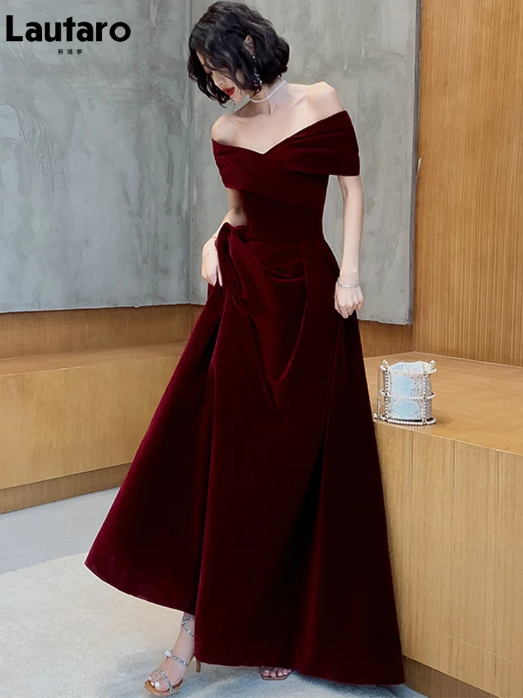 Lautaro-Vestido largo de terciopelo rojo vino para mujer, vestidos de boda elegantes de lujo para fiesta de noche, sin hombros, 2022