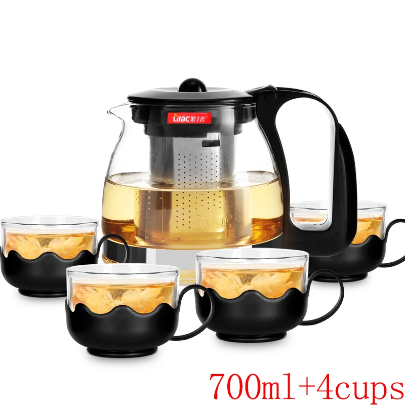 

Стеклянный чайник 700 мл, термостойкий стеклянный чайный набор + фильтр, чайный горшок + 4 чайных чашки 150 мл, чайный горшок, кофейный стакан, чайник