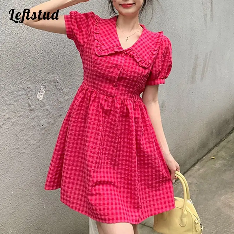 

Rose Red Plaid Print Women's Dress 2022 Summer Puff Sleeves Peter pan Collar French Elegant Party Mini Short Dresses For Women