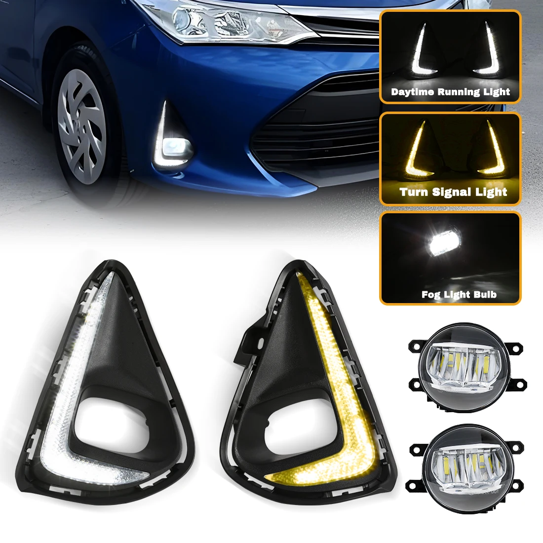 Фото Светодиодные противотуманные фары DRL для Toyota AXIO FIELDER 2018-н.в., дневные ходовые огни, передние бамперные противотуманки, указатели поворота, ходовые огни, дневной свет №1