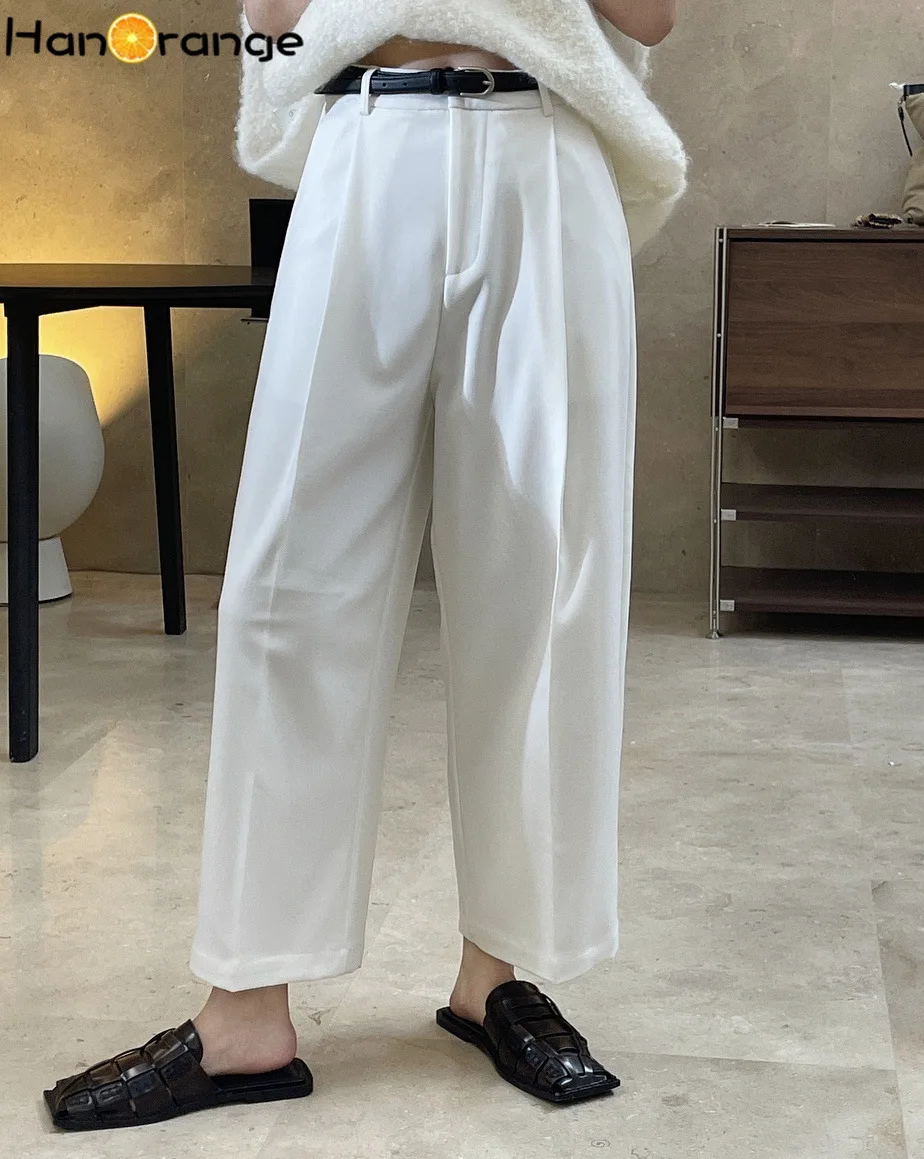 HanOrange 2022 Spring Wide Leg Pants Women Ankle Length Simple High Waist Trousers Drape Loose Casual Pants Women