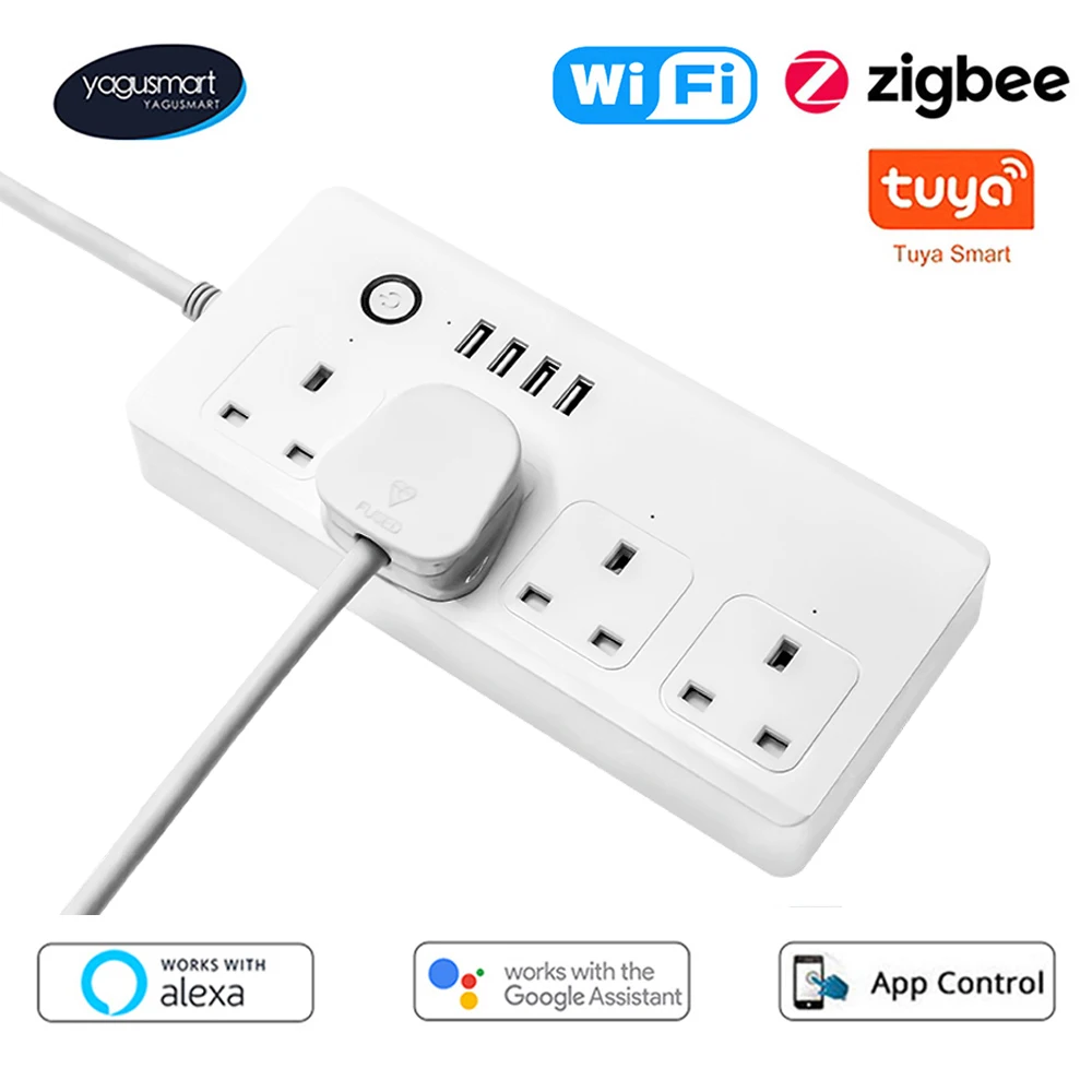 

Yagusmart Tuya Zigbee WiFi Smart Power Strip 13A 10A UK 4 Sockets Outlets 4 USB Charging Ports Alexa Google Home Voice Control