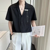 summer black white pleated shirt men fashion society mens dress shirt korean loose short sleeve shirt mens casual shirt m 2xl