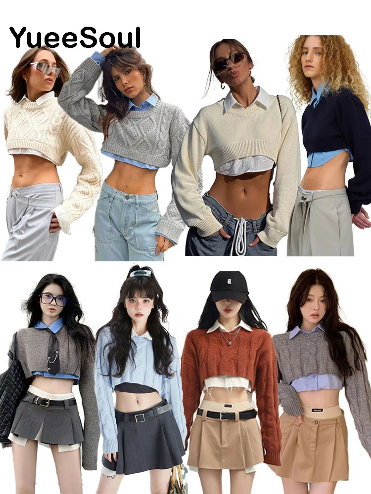 

Extreme Short Women Sweater Solid Color Long Sleeve Knit Crop Tops 2023 New In Y2K Aesthetic Casual High Street Female Jumper