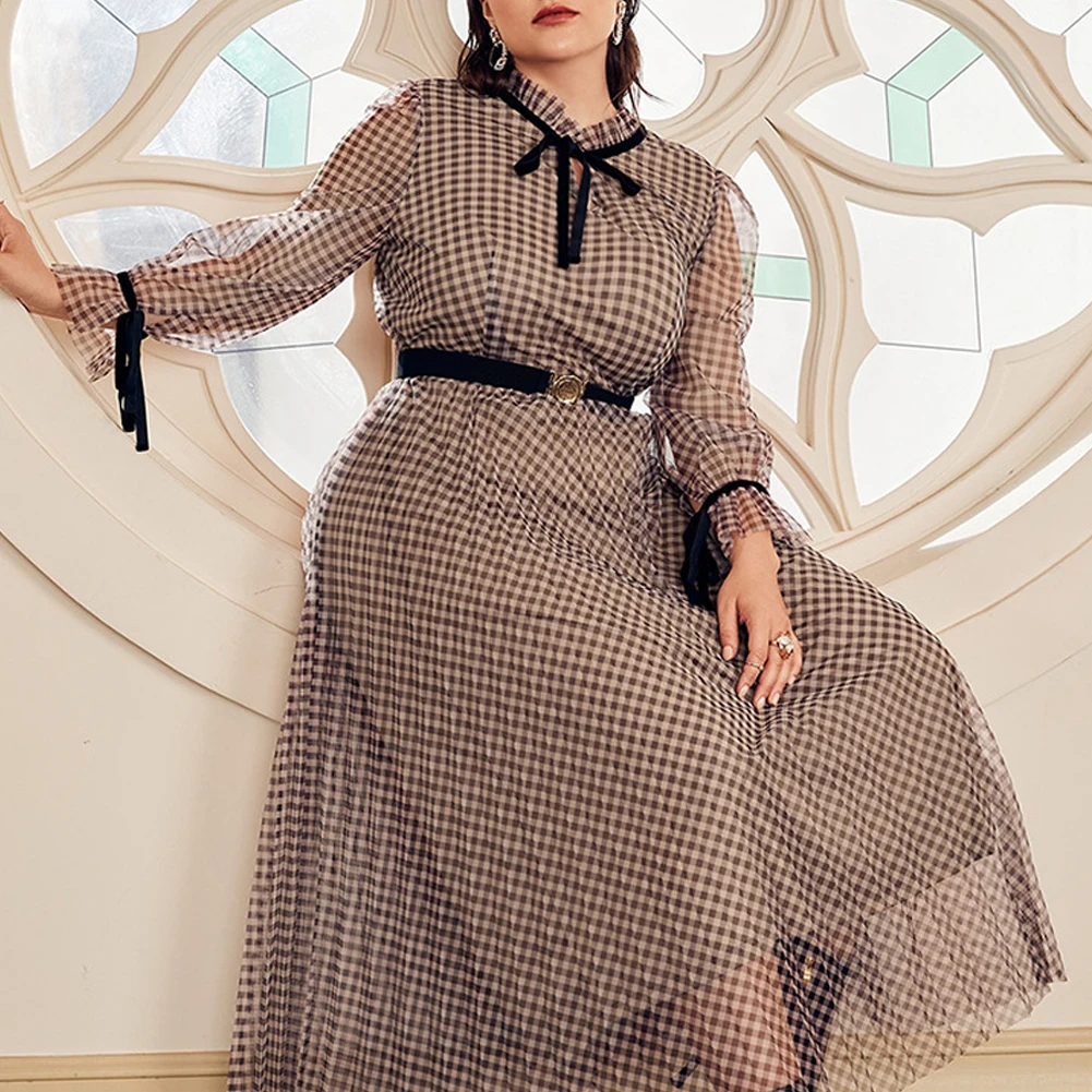 

Women's Plus Size Large Maxi Dresses Elegant Long Sleeve Bow Evening Party Dress Autumn Spring Winter Plaid Gauze Skirt L - 4XL
