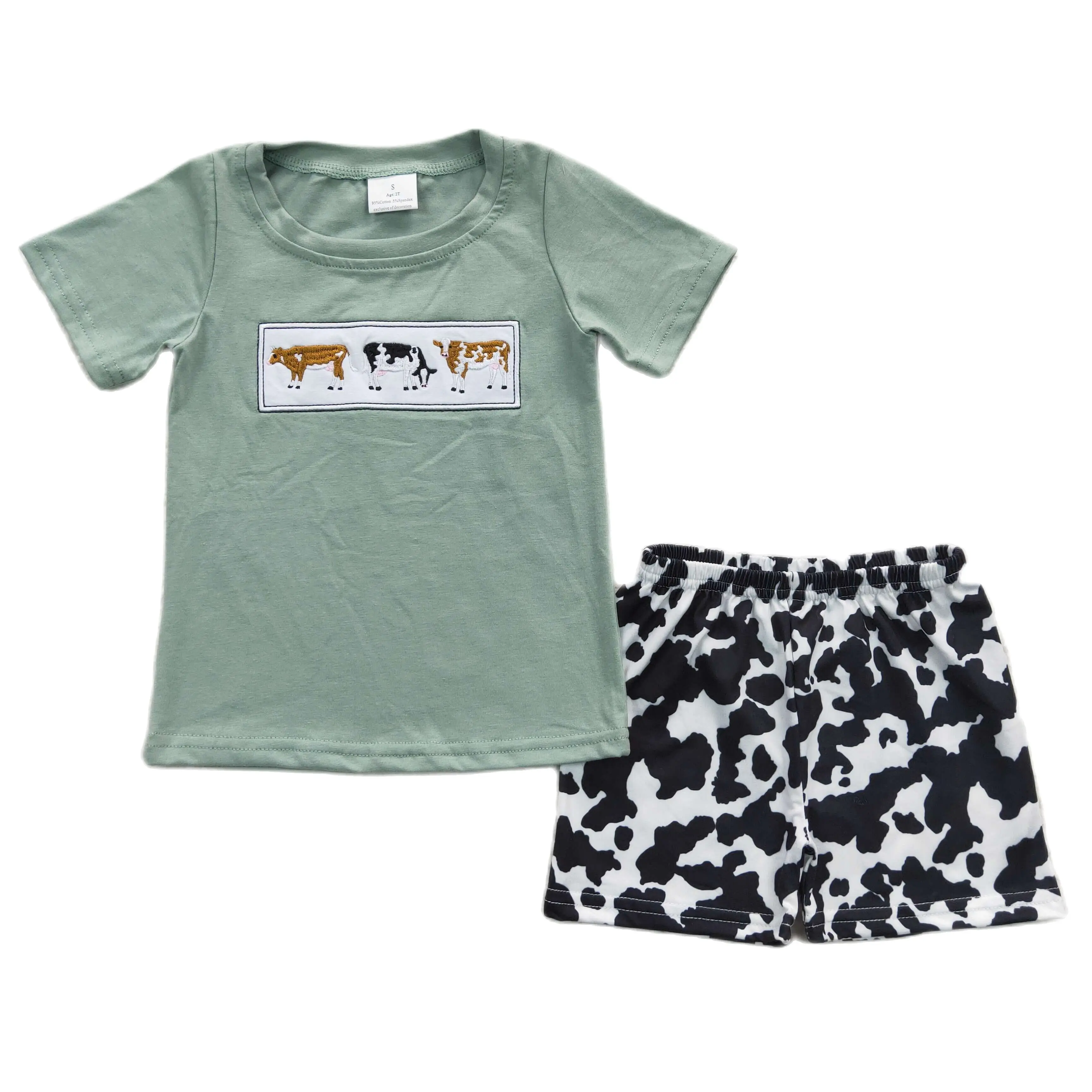 

Baby Boys Summer Costumes Suits Cotton T-shirts Boutique Pasture Cow Embroidery Shorts Sets Casual Farm Life Outfits 1-14 Years