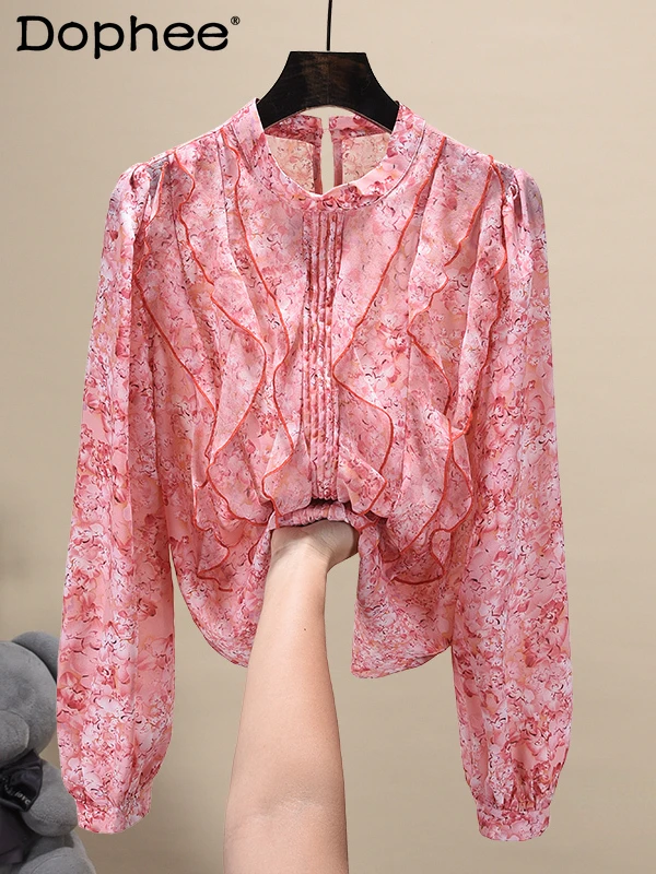 

2022 Early Autumn New Floral Shirt Women's Long-Sleeved Ruffled Chic Beautiful Chiffon Blouse Temperament Ladies Top Blusa