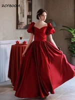 elegant burgundy red celebrity dresses women royal style pleated sweetheart back lace up puff sleeves princess prom gowns new