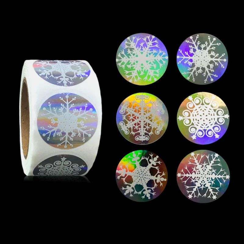 

500 Pcs Snowflake Stickers Christmas Adhesive Holographic Stickers Laser Roll Round Tags Adhesive Stickers for Envelope Seals