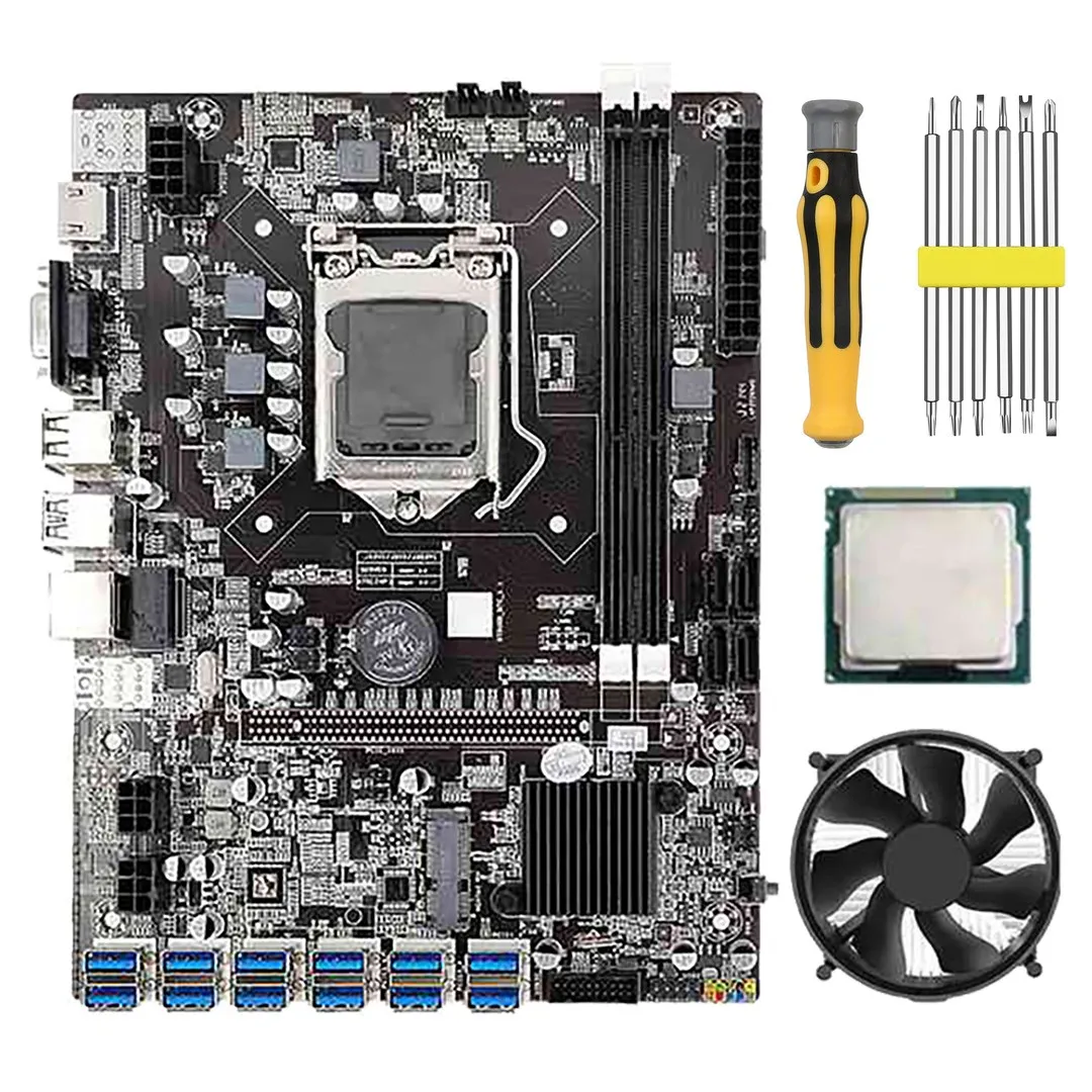 

B75 BTC Mining Motherboard G530/G630 CPU+Cool Fan+Screwdriver 12 USB3.0 to PCIE GPU Slot LGA1155 DDR3 RAM SATA3.0+MSATA
