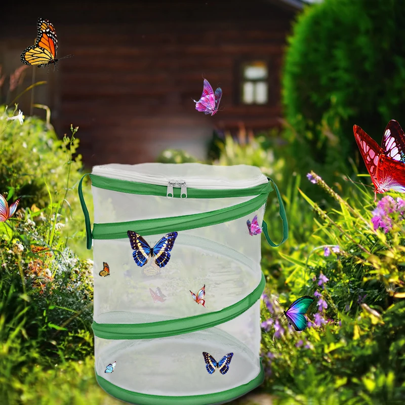 

Folding Insect Mesh Cage Butterfly Dragonfly Mantis Breathable Habitat Cage Cylindrical Breeding Feeding Catching Cage 12x14Inch