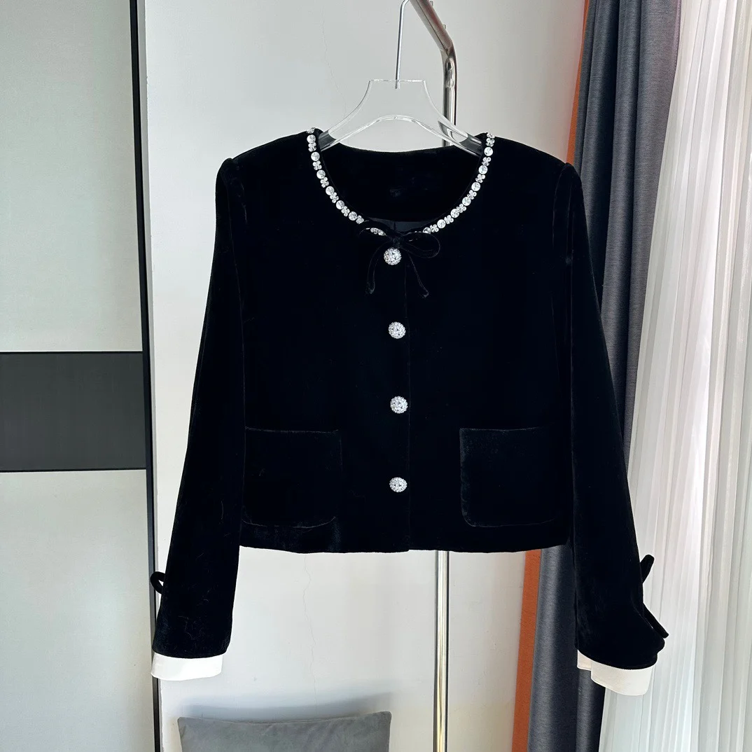 

Осень/Зима 20232023, бархатное черное пальто, женское украшение, долговечное, 9,14