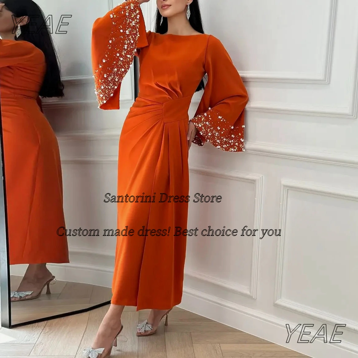 Фото Santorini Bespoke Beaded Side Slit Long Sleeves Prom Dresses for Saudi Arabia Women Ankle Length Formal Evening Party Gowns №1
