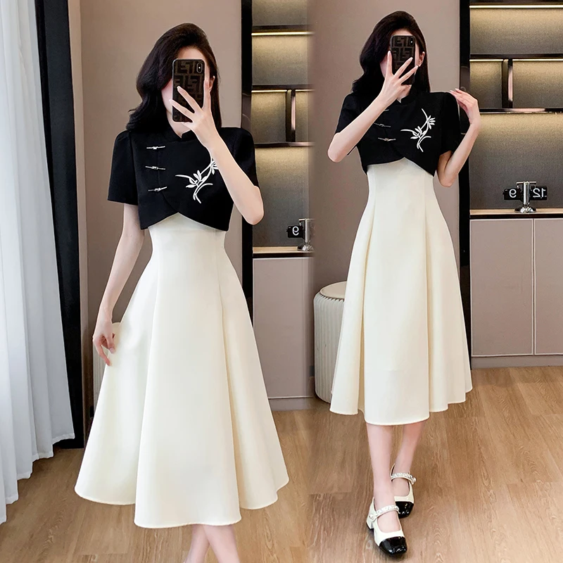 Летний комплект из двух предметов для женщин винтажные топы с китайской вышивкой