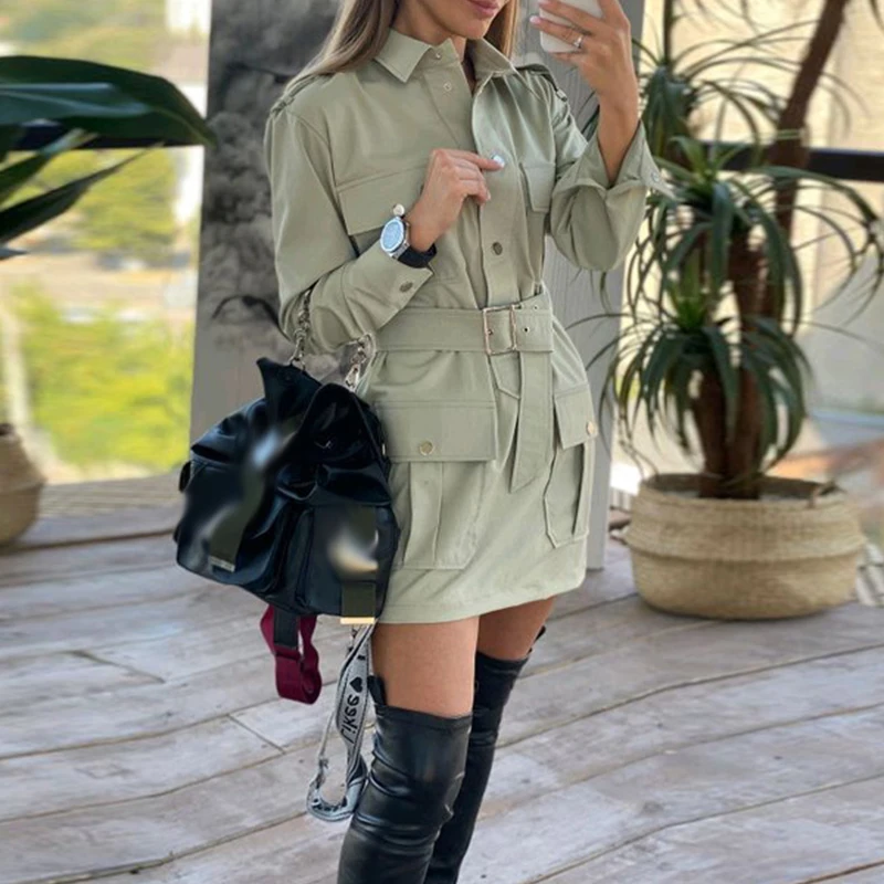 

Модное женское платье-рубашка с отложным воротником и несколькими карманами, женское однобортное платье-карго с поясом, Осеннее прямое мини-платье с длинным рукавом