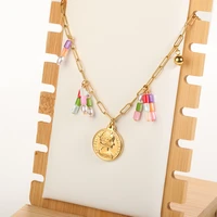 vintage queen coin necklaces for women trend colorful acrylic tassel pendant choker stainless steel paperclip chain jewelry gift