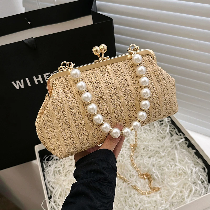 

Роскошная дизайнерская женская соломенная сумка, модные сумки с жемчугом для девочек, повседневные женские сумки через плечо