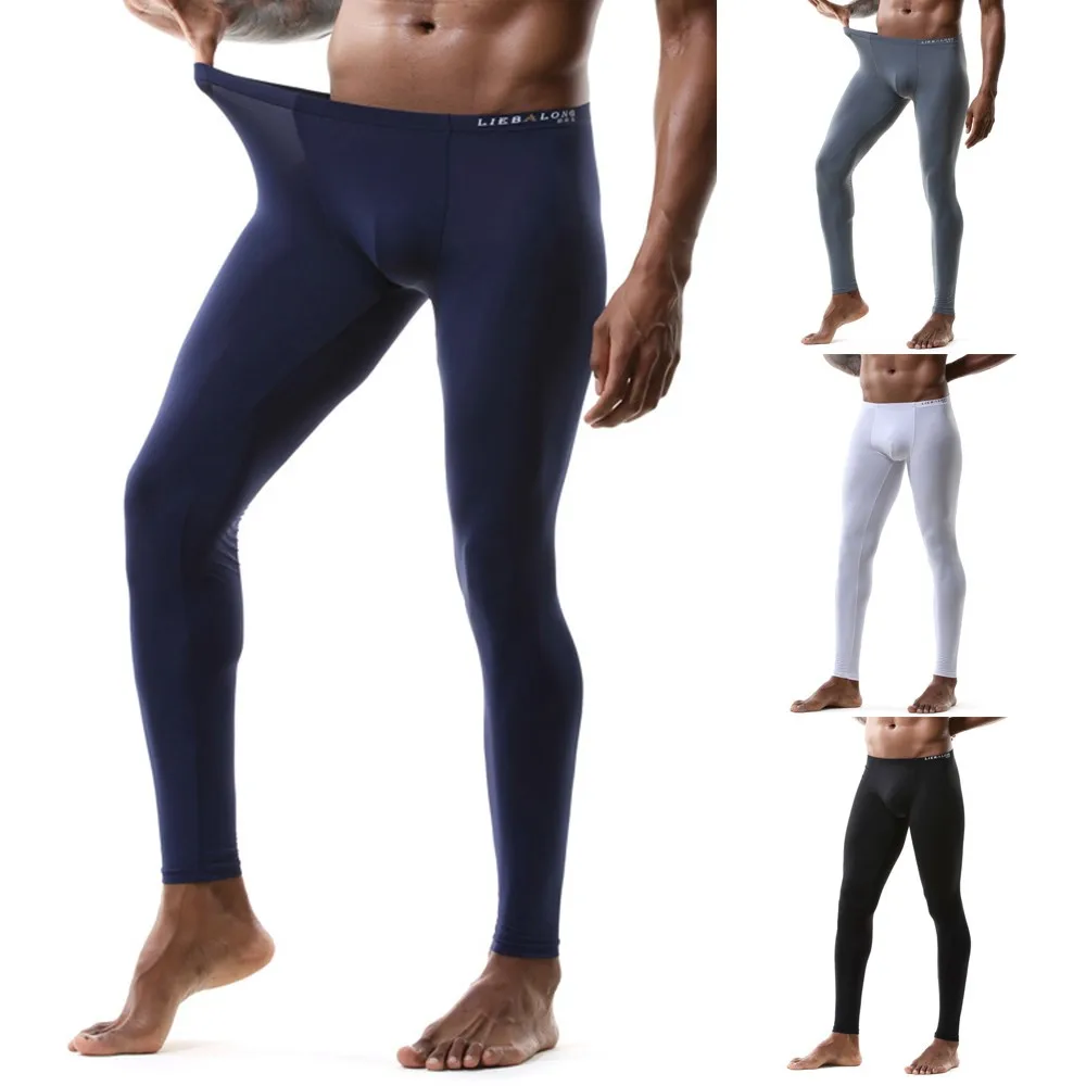 

Autumn Leggings Sexy Pants Tight-fitting Translucent Warm Stretch Trousers Underpants Bottom Silk Home Men Thermal Ice Underwear