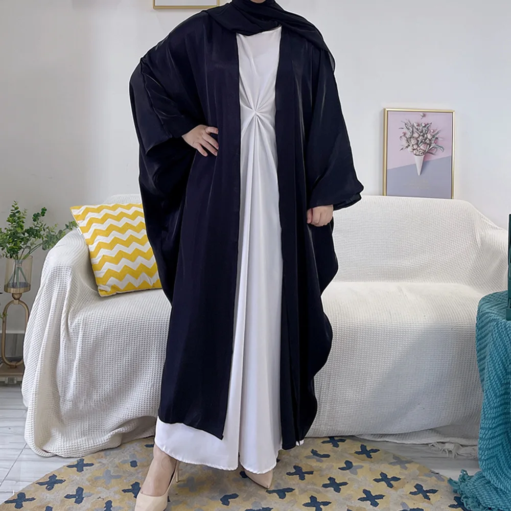 

Solid Color Muslim Abaya Open Satin Party Evening Outfits Women Hijab Dress Islam Clothes Bat Sleeve Kimono Cardigan Middle East