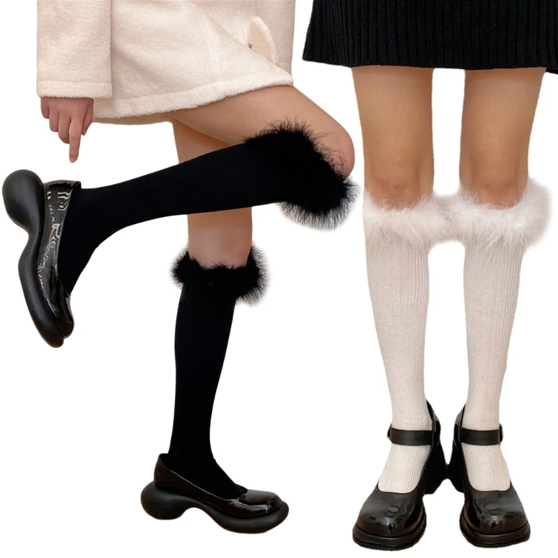 

Women Winter Cotton Knee High Socks Japanese Lovely Furry Feather Trim Uniform Student Casual Stockings Leg Warmer T8NB