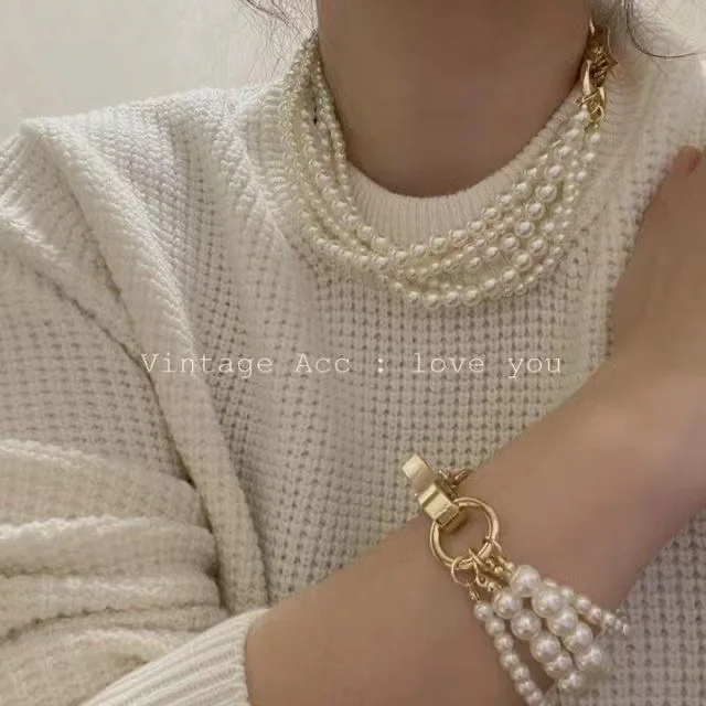 

Vintage Multi-layer Pearl Bracelet Neck Chains Choker Necklace for Women Girl Accessories Jewelry