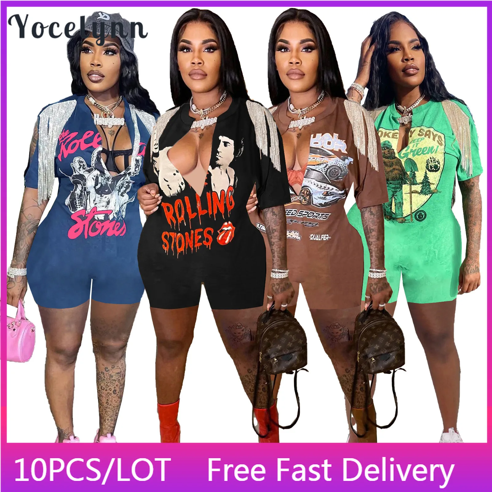 

10PCS Bulk Items Wholesale Lots Fasion Printing Women Jumpsuit Deep V Neck Tassel Rompers Playsuits Y2k Summer One Piece Outfits