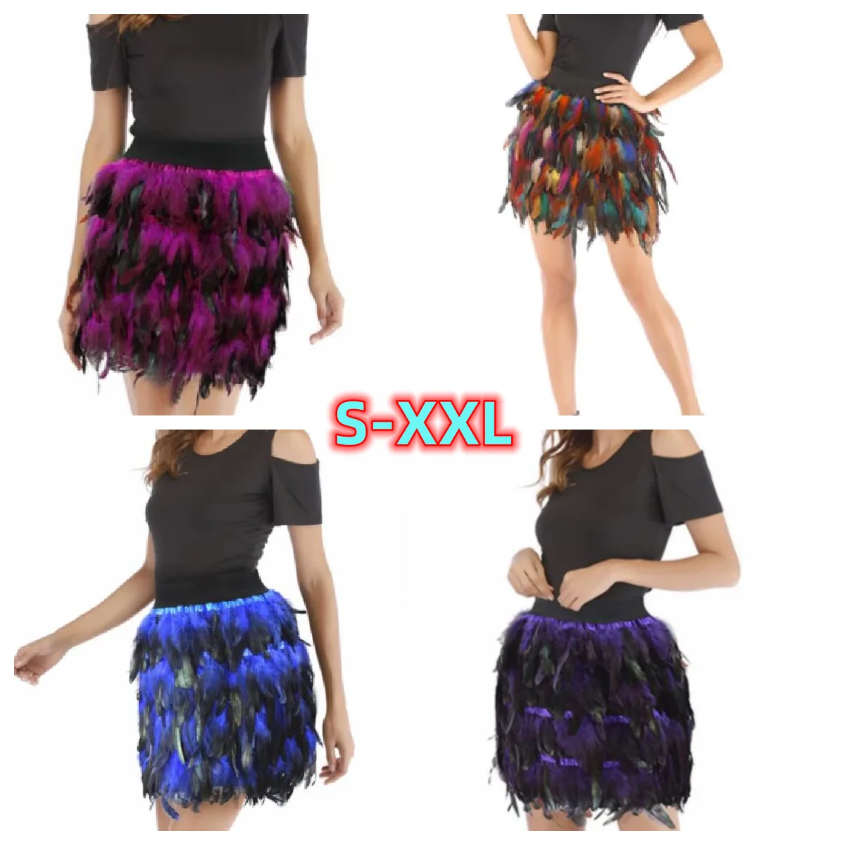 New Fashion Women Feather Sexy Mini Skirt Elastic Waist High Street Gradient Color Feather Party Skirt