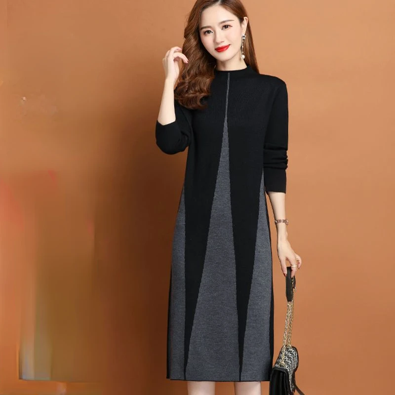 2023 Autumn Winter Thicken Straight Sweater Dress Women High Neck Long Sweater Dress Elegant Female Loose Knit Dress R71