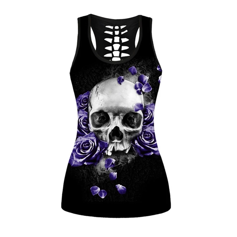 

J78E Women Dark Gothic Punk Summer Sleeveless Mini Tank Dress Harajuku Breastbone Skeleton Printed Slim Fit Pullover Tunic Tops