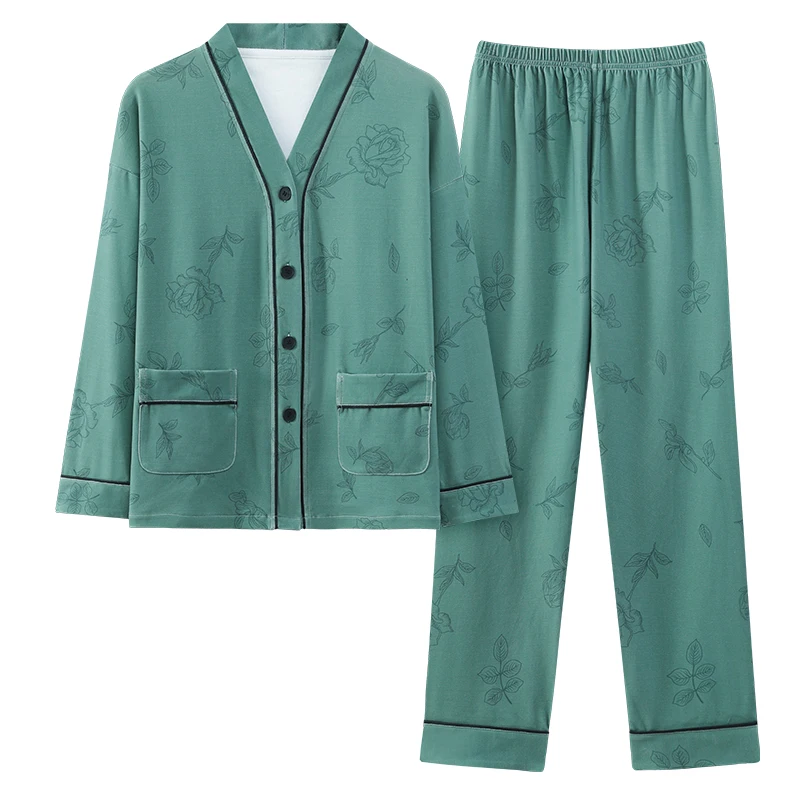 Women V-Neck Kinomo Pajamas Cute Florals Pajama Sets Cardigan Sleepwear Long Sleeve Top+Long Pants Home Clothing Pyjamas