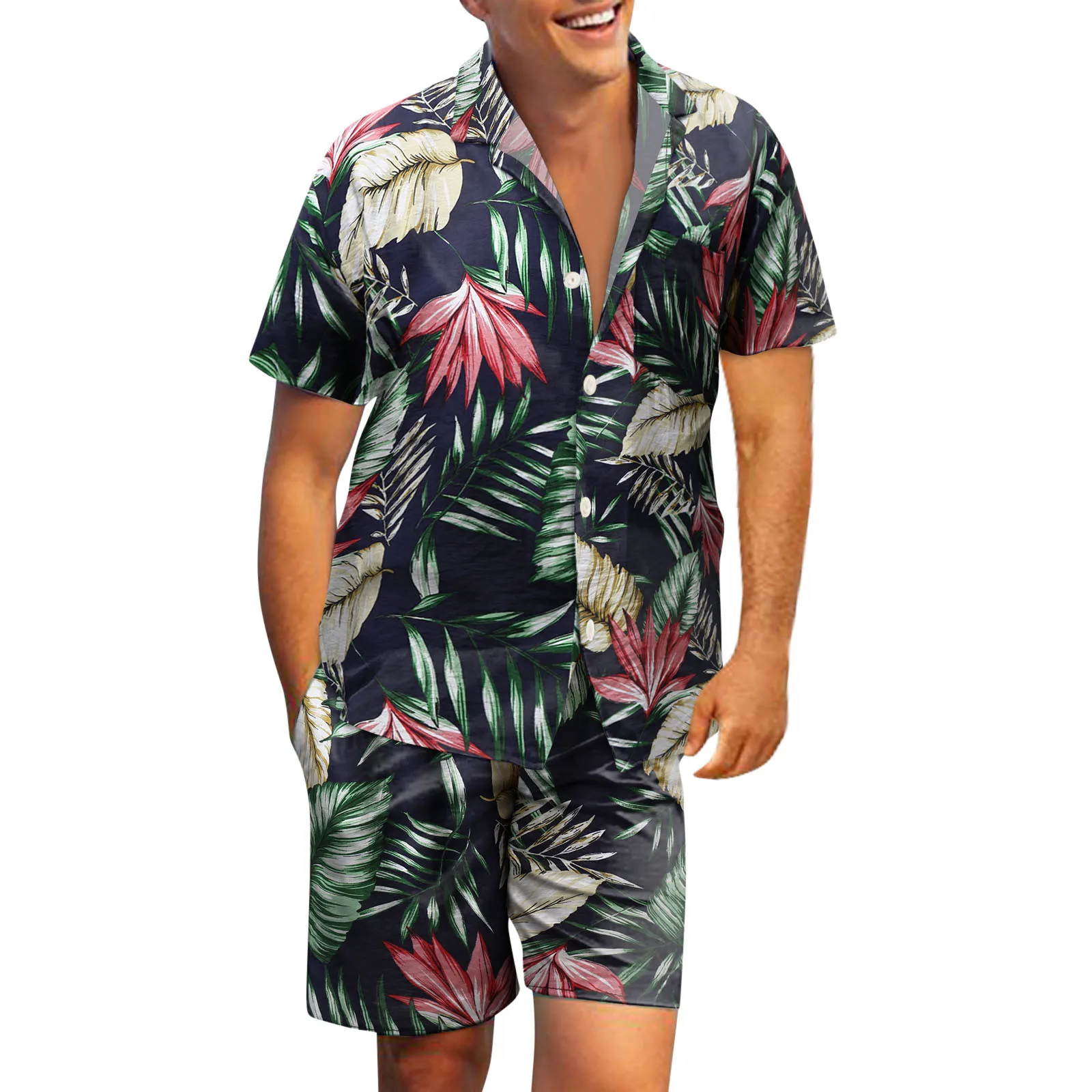 

Vintage Men Shirt 2-piece Set Printed Lapel Sets Short Sleeve Hawaiian Shirt Shorts For Male Summer Casual Men Suits Streetwear