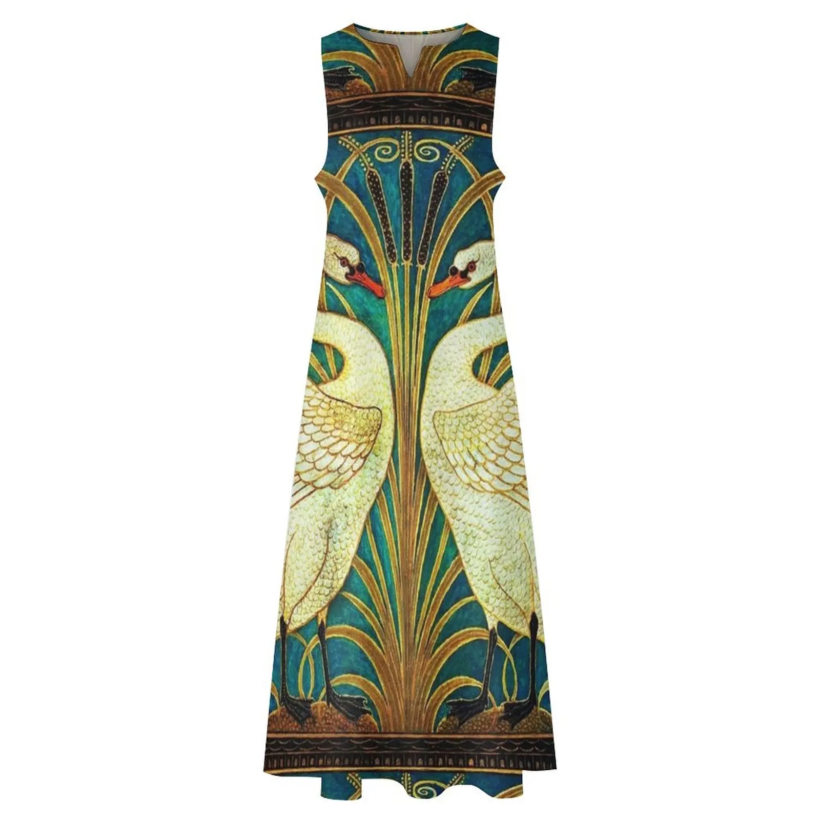 ДВЕ БЕЛЫЕ SWANS AMONG REEDS IN BLUE Art Nouveau Animals Длинное платье пляжное пляжная одежда для