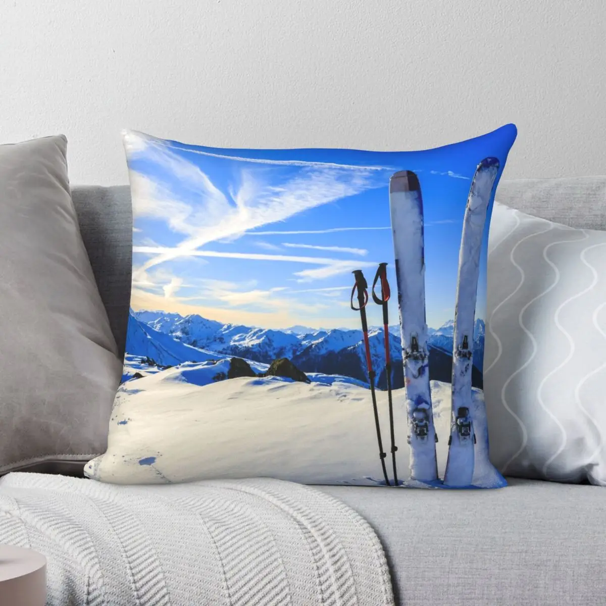 

Ski Mountain Scene Square Pillowcase Polyester Linen Velvet Printed Zip Decor Home Cushion Case