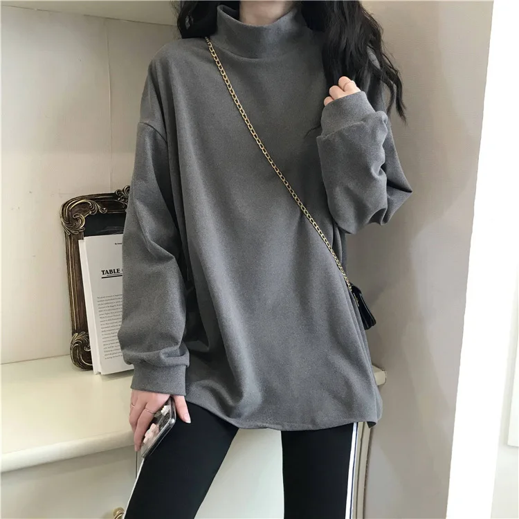 New Velvet Half-High Collar Bottom Shirt  Women Plush Thick Korean Version Solid Color Loose Long-sleeved T-shirt