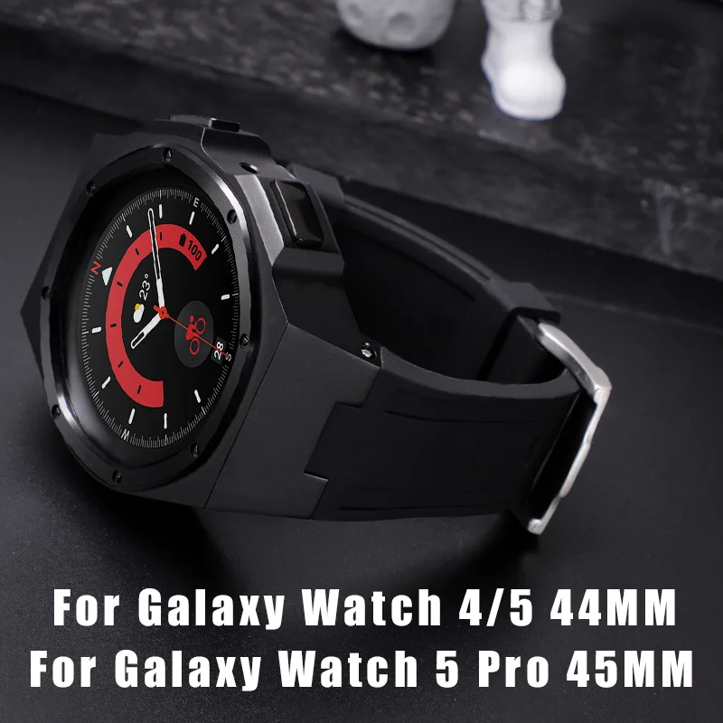Stainless Steel Case Bezel For Samsung Watch 5 Pro 45MM Band Modification Kit for Galaxy Watch 4/5 44MM Silicone Rubber Strap