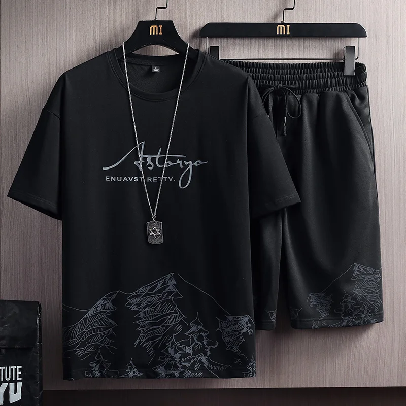 

Summer 3d Print men's Sportswear casual two-piece set men's oversize o collar men's t-shirt shorts suit sleeve casual men's suit