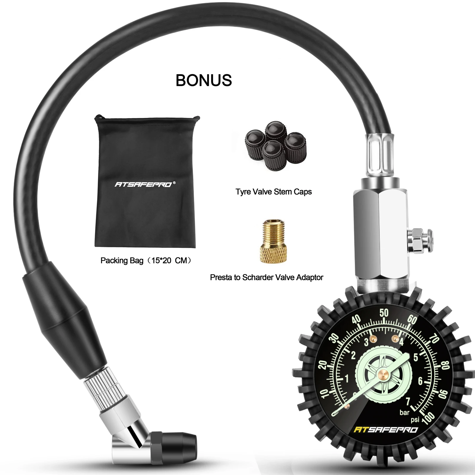 

ATsafepro Tire Pressure Gauge 100 PSI 30 PSI 15 PSI Glow in The Dark 2.5'' Dial Mechanical Tyre Gauge Flexible Hose Angled Chuck